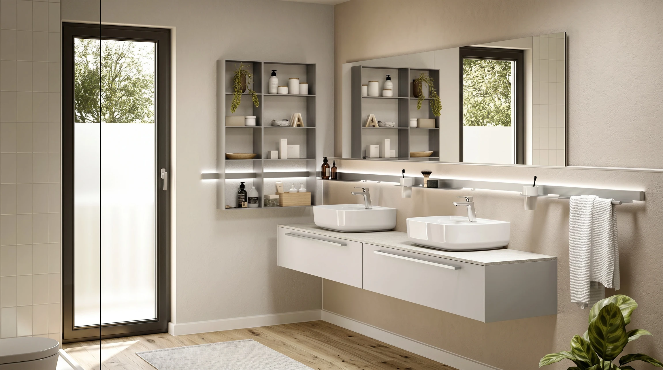 Salle de bains moderne double vasque, style épuré