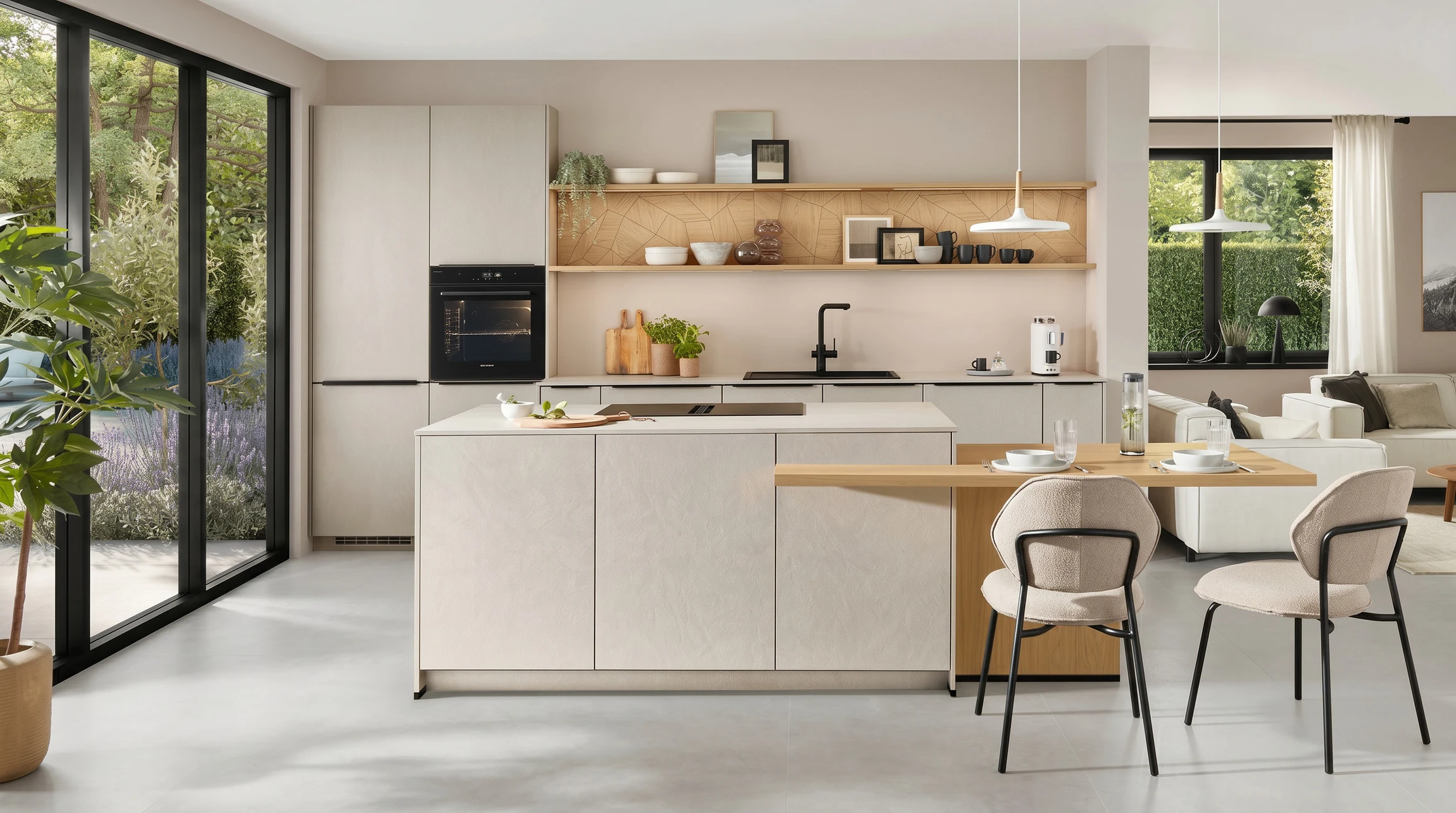 Cuisine ouverte moderne au design épuré, intégrée à un espace de vie