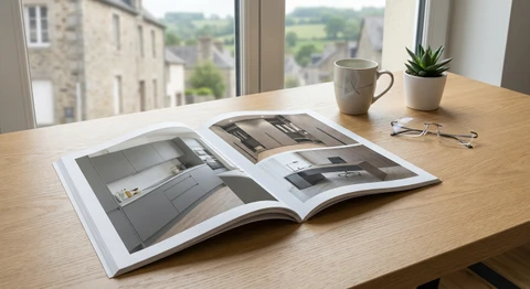 Vue d'une revue ou publication papier ouverte montrant un article de presse avec photographies et texte dédié à Neo Concept, visible sur un plan de travail moderne ou table de bureau, capturée en lumière naturelle claire. L'article doit être distinctement lisible et valorisant.