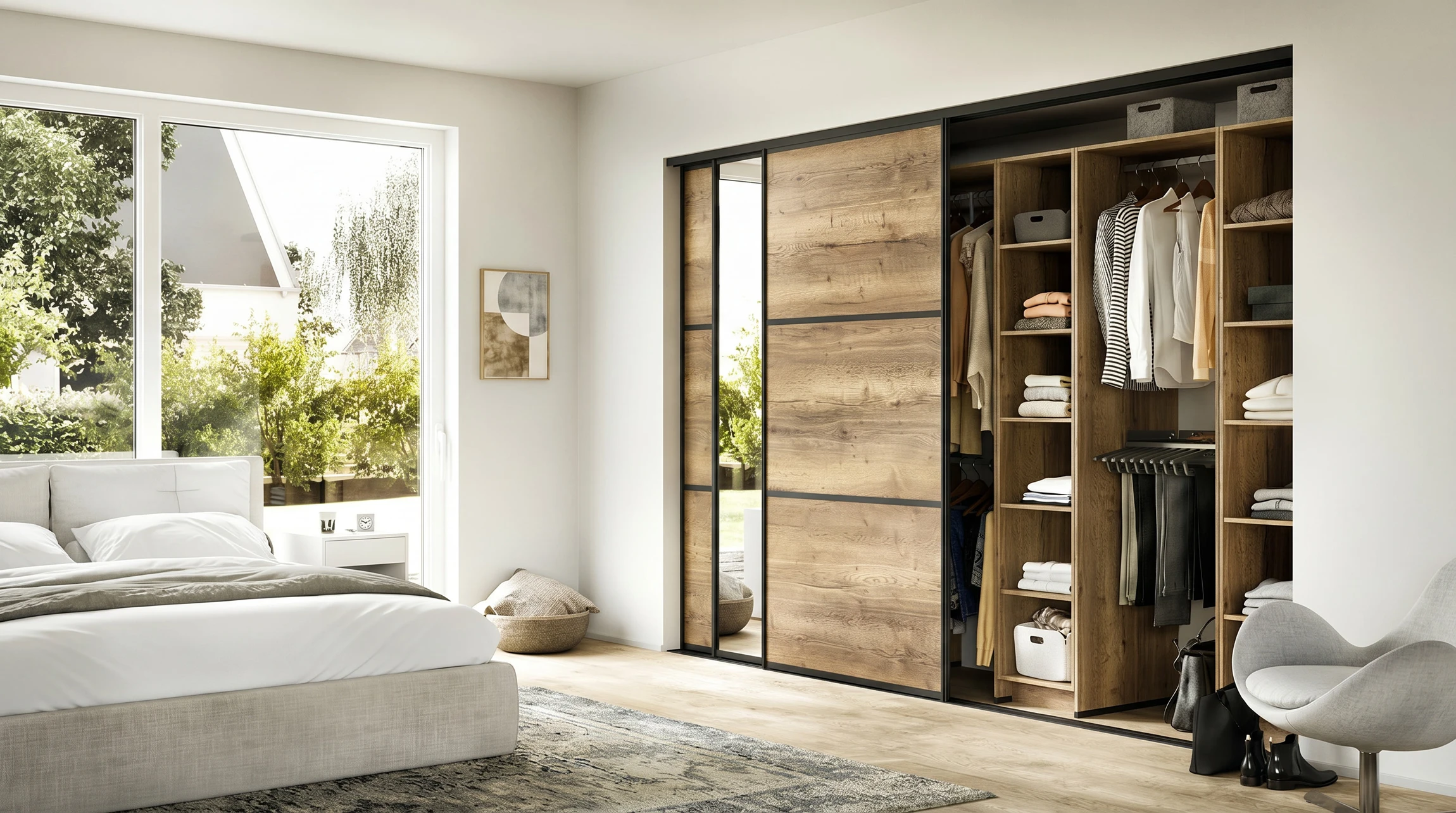 Chambre moderne lumineuse avec grand dressing intégré à portes coulissantes