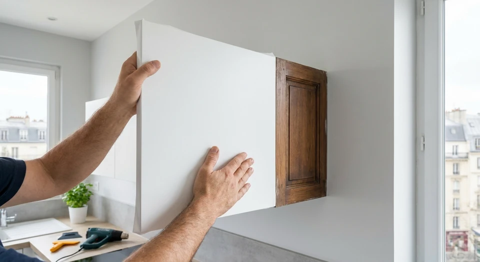 Gros plan d'une main expertre appliquant avec soin un film adhésif architectural blanc ou noir sur la façade d'un meuble de cuisine existant, montrant le processus de transformation et la qualité du rendu final du covering, dans une cuisine moderne aux murs clairs. La scène doit capturer le geste professionnel du covering et le contraste avant/après sur les faces de mobilier visibles.