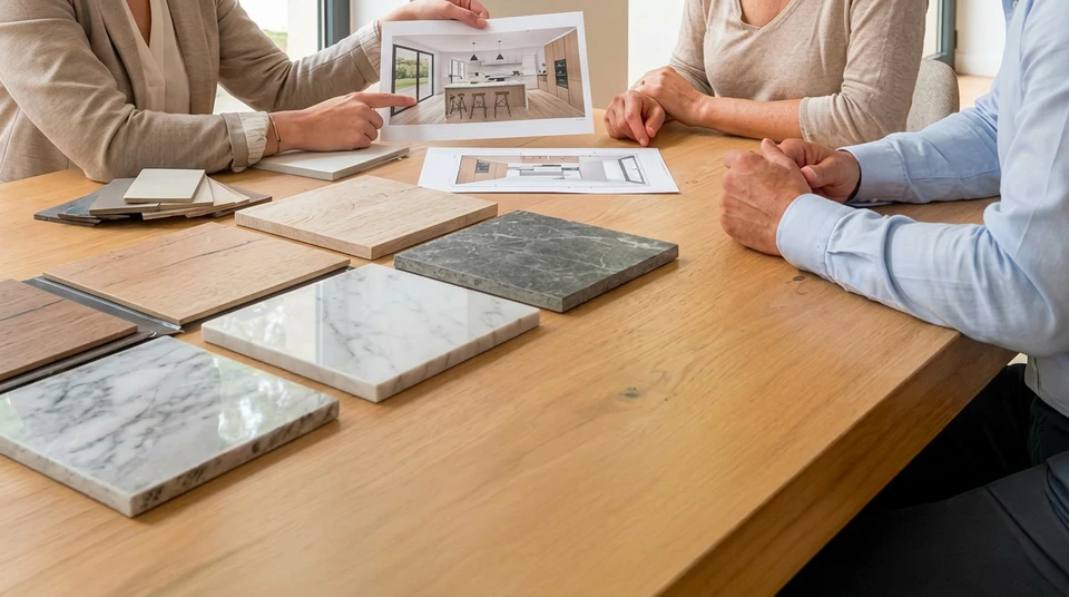 Une conseillère Neo Concept en consultation avec un couple client assis autour d'une table, présentant des devis détaillés, des échantillons de films architecturaux et des plans 3D d'aménagement de cuisine. L'atmosphère est professionnelle et bienveillante, montrant une discussion ouverte et transparente. Éclairage naturel, environnement de bureau/showroom moderne et chaleureux.