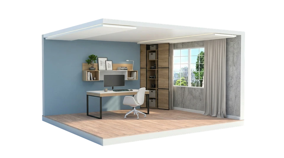 Bureau de design d'intérieur avec écran d'ordinateur affichant un moodboard créatif