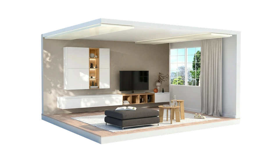 Intérieur moderne avec trois personnes en réunion professionnelle sur canapé gris