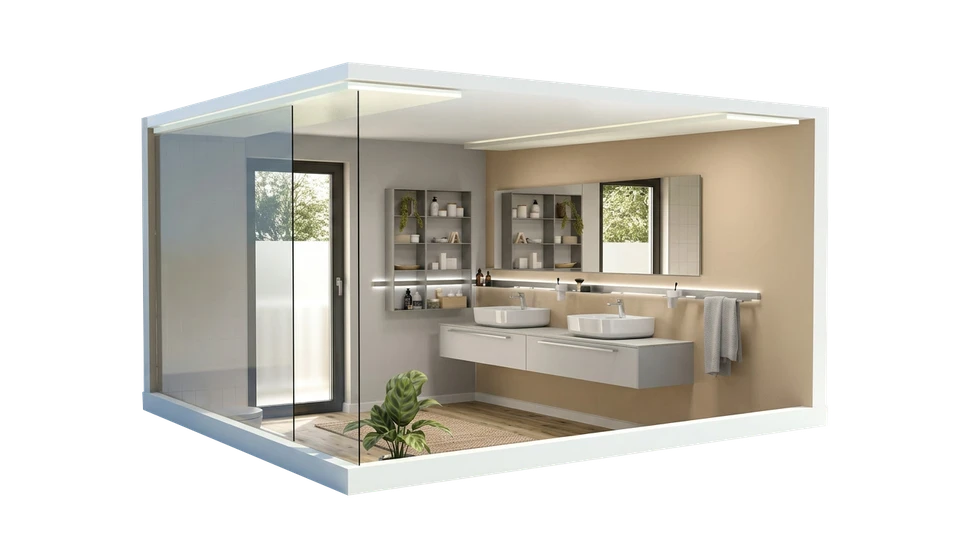 Couple souriant clients et directeur de vente montrant aux clients douche de salle de bain moderne, famille heureuse faisant l'achat, choisissant la cabine de douche, ustensiles pour la salle de bain à la maison, aide du vendeur de plomberie, conseil