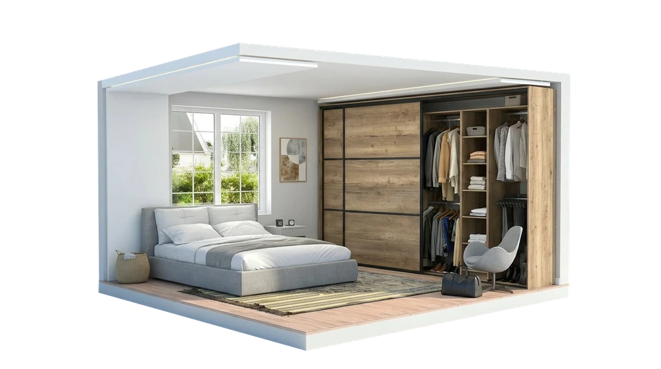 Intérieur d'un showroom d'aménagement intérieur moderne, présentant des modèles de dressings sur mesure. L'espace affiche plusieurs configurations de systèmes de rangement et de dressings : panneaux muraux avec niches de rangement, étagères intégrées, penderies, tiroirs et compartiments de rangement en différents styles et finitions. Les matériaux et finitions sont visibles et présentés pour permettre la comparaison. L'ambiance est épurée et professionnelle avec un bon éclairage mettant en valeur les aménagements. Quelques clients ou vendeurs peuvent être présents en train de consulter ou d'examiner les installations. La photo doit dégager une atmosphère d'exposition professionnelle et inspirante, permettant au visiteur de visualiser des solutions concrètes d'aménagement.