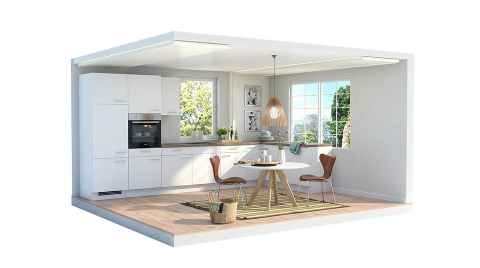 Cuisine moderne avec façade blanc laqué et crédence rouge vif